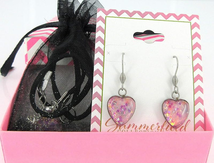 Summerfield Collection Ballet Pink Hand-painted Glass Heart Choker Necklace Faux Black Suede Cord Dangle Earrings Set