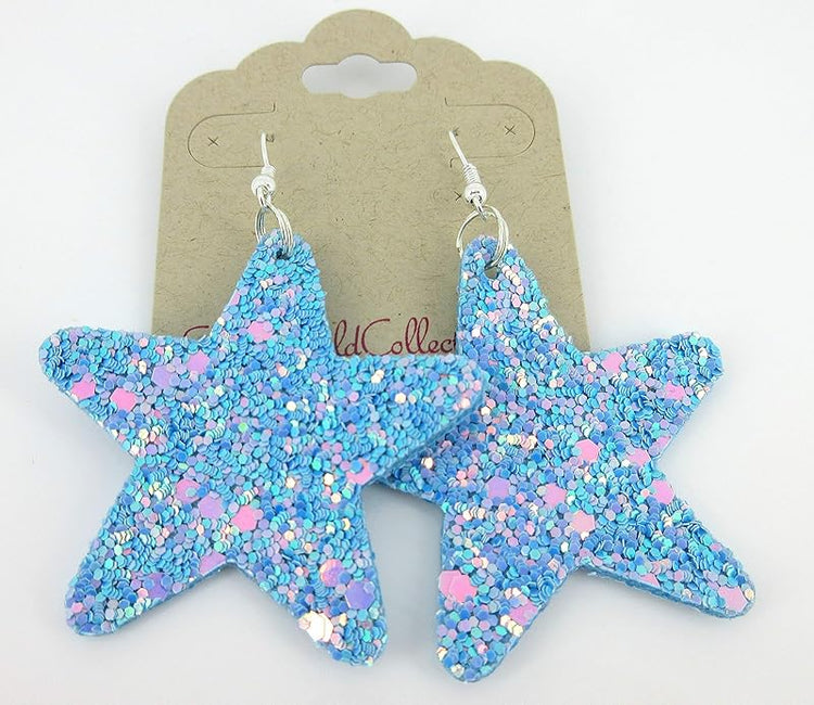 Summerfield Collection Glitter Faux Leather Large Star Dangle Earrings (Sky Blue and AB)