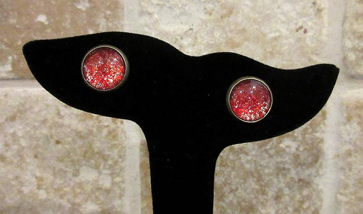 Summerfield Collection Antiqued Gold-tone Red Glitter Glass Stud Earrings Hand-painted 12mm