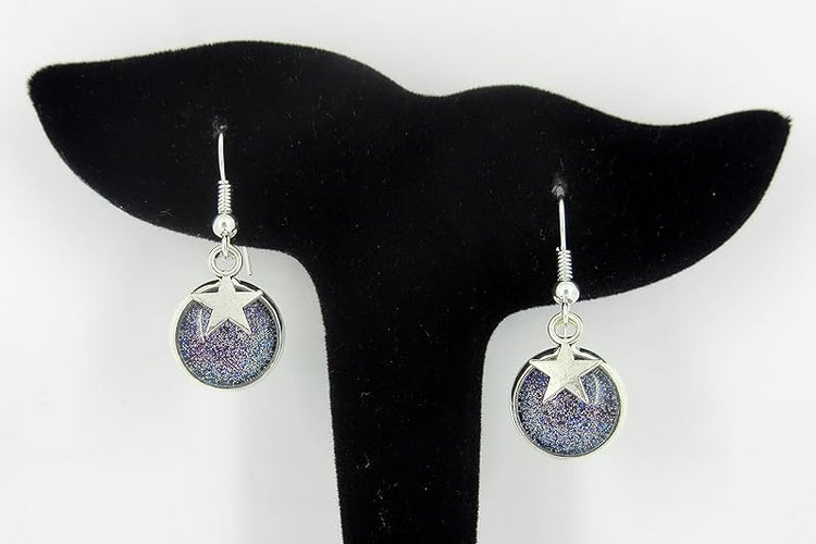 Summerfield Collection Silver-tone Holographic Glitter Glass Star Charm Galaxy Dangle Earrings Hand-painted