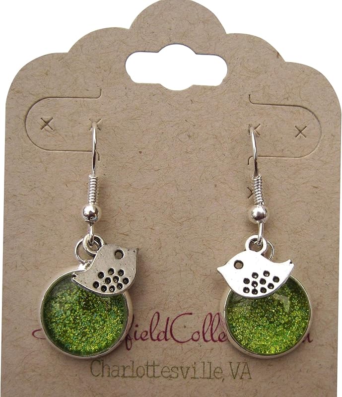 Summerfield Collection Silver-tone Yellow Green Glitter Glass Bird Charm Dangle Earrings Hand-painted
