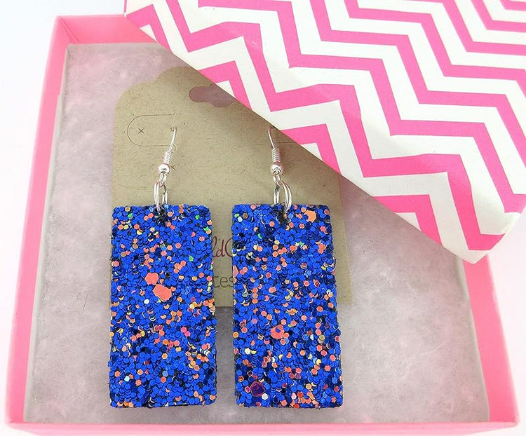 Summerfield Collection Silver-tone Glitter Faux Leather Large Rectangle Dangle Earrings (Blue w/Pink and Black)