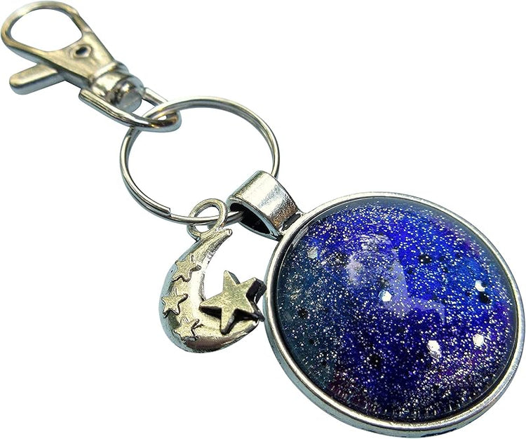 Summerfield Collection Antiqued Silver-tone Glitter Glass Galaxy Keychain Moon and Star Charm Hand-painted