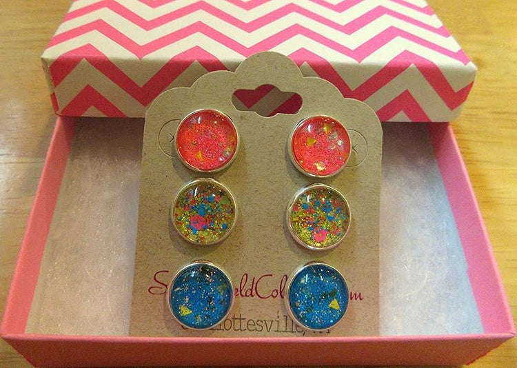 Summerfield Collection Trio Silver-tone Stud Earrings Neon Pink Yellow and Blue Glitter Glass Set 12mm Hand-painted