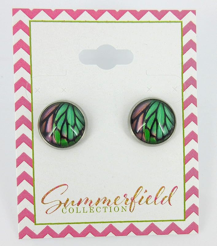 Summerfield Collection Stainless Steel Butterfly Wing Print Glass Stud Earrings 12mm (Green/Purple)