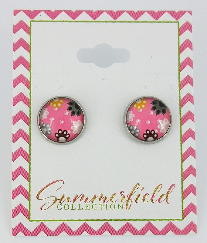 Summerfield Collection Stainless Steel Cat Paw Print Glass Stud Earrings 12mm (Pink)