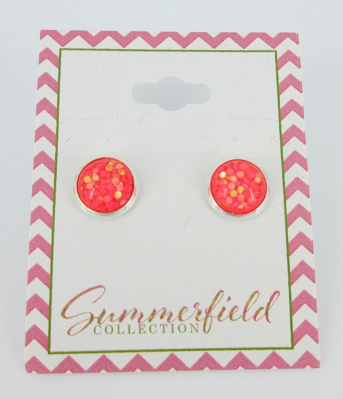 Summerfield Collection Shiny Silver-tone Iridescent Glitter Resin Stud Earrings 10mm (Coral)