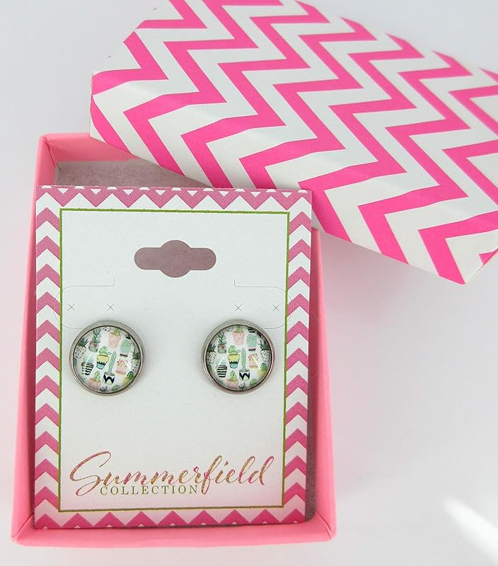Summerfield Collection Stainless Steel Potted Succulent Print Glass Stud Earrings 12mm