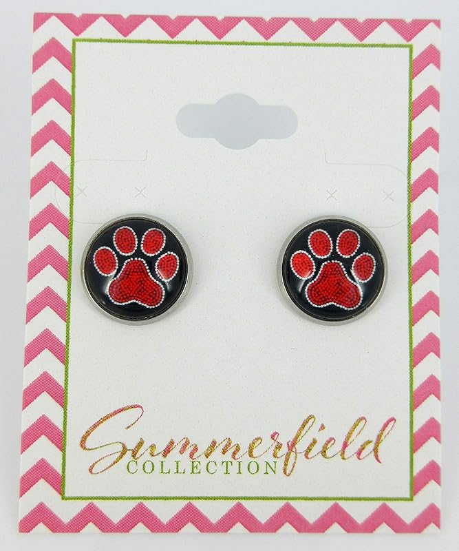 Summerfield Collection Stainless Steel Paw Print Glass Stud Earrings 12mm (Red)