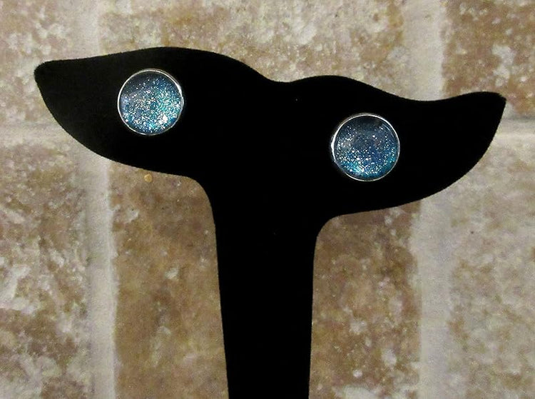 Summerfield Collection Silver-tone Twinkle Glitter Glass Galaxy Stud Earrings Hand-painted 12mm (Teal Green/Blue)