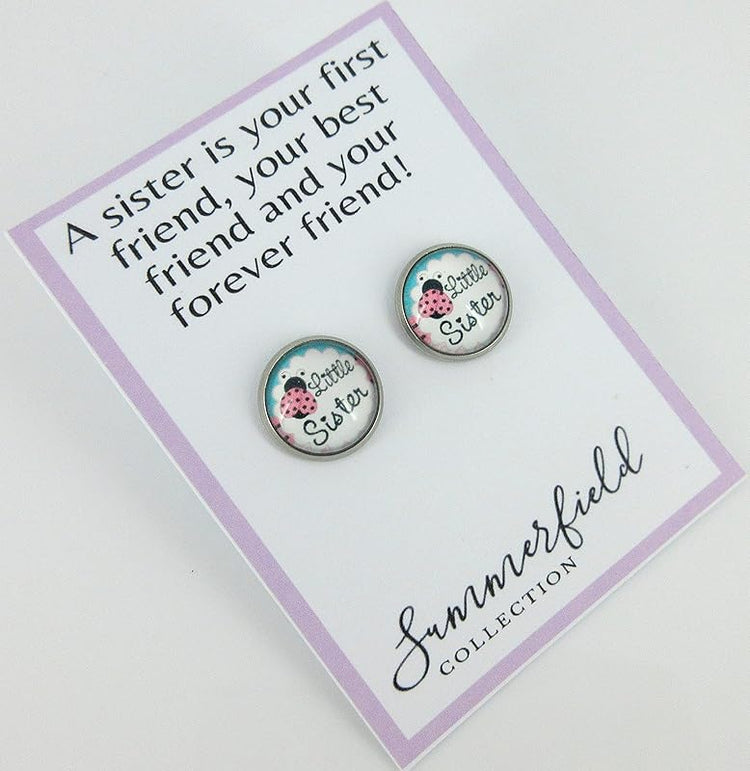 Summerfield Collection Stainless Steel Sister Print Glass Stud Earrings 12mm (Little Sister)