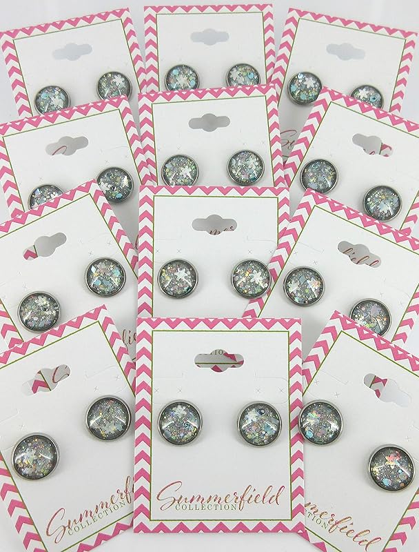 Summerfield Collection Stainless Steel Gray Snowfall Glitter Glass Stud Earrings Hand-painted 12mm