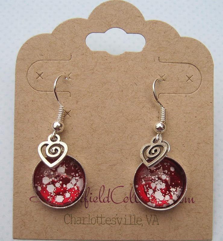 Summerfield Collection Silver-tone Red and White Glitter Glass Swirl Heart Charm Dangle Earrings Hand-painted
