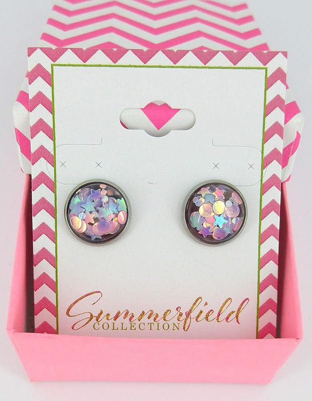 Summerfield Collection Stainless Steel Glitter Resin Globe Stud Earrings 12mm (Lilac)