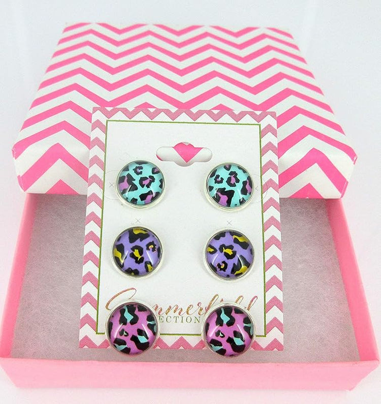 Summerfield Collection Stainless Steel Trio Animal Print Glass Stud Earrings 12mm Set