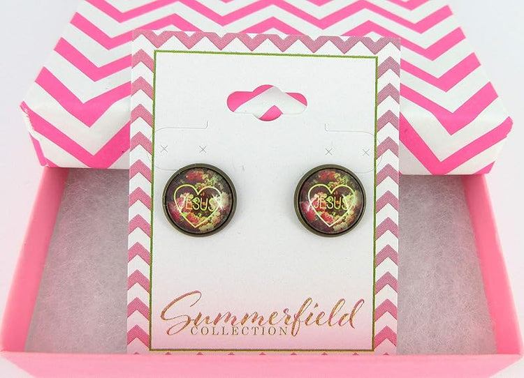Summerfield Collection Antiqued Gold-tone Jesus Heart Flower Print Glass Stud Earrings 12mm