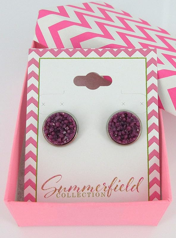 Summerfield Collection Stainless Steel Purple Faux Druzy Stone Stud Earrings 12mm (Plum)