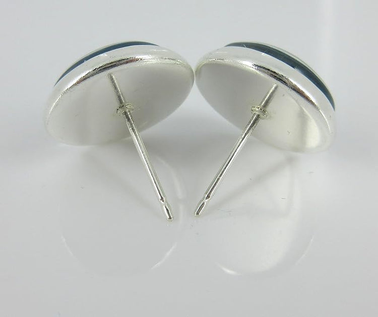 Summerfield Collection Silver-tone Blue Yellow Holographic Glitter Glass Stud Earrings Hand-painted 12mm