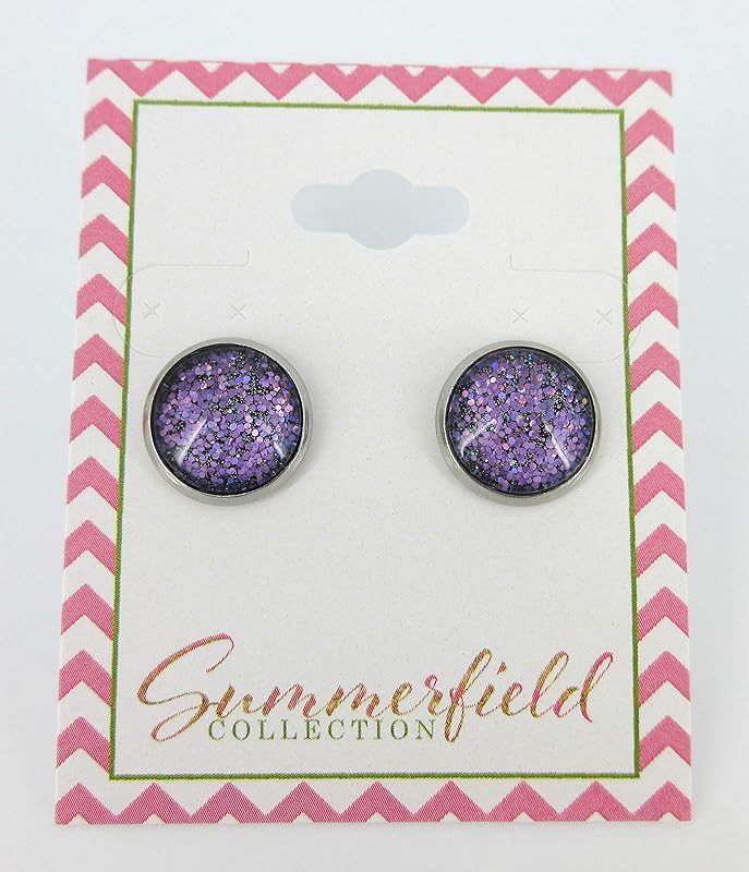 Summerfield Collection Stainless Steel Purple Holographic Glitter Glass Stud Earrings Hand-painted 12mm
