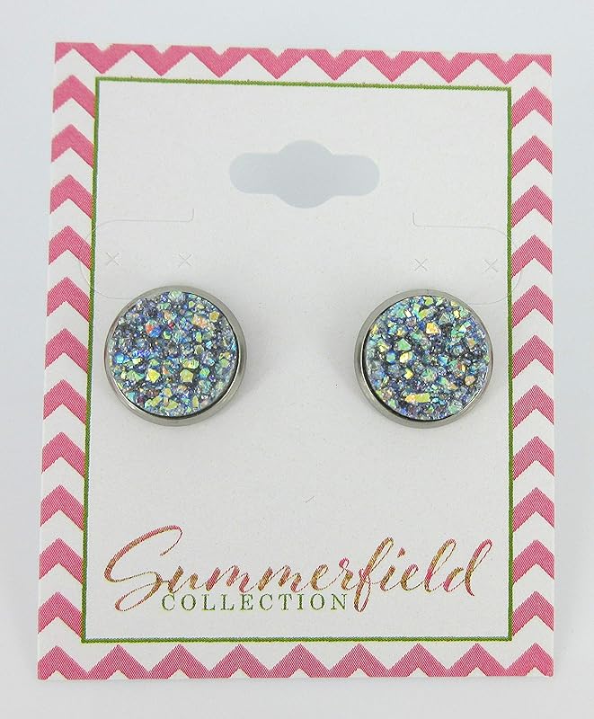 Summerfield Collection Stainless Steel Frost Blue Gray AB Glitter Faux Druzy Stone Stud Earrings (12mm)