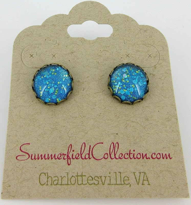 Summerfield Collection Antiqued Gold-tone Ocean Blue Glitter Glass Stud Earrings 12mm Hand-painted
