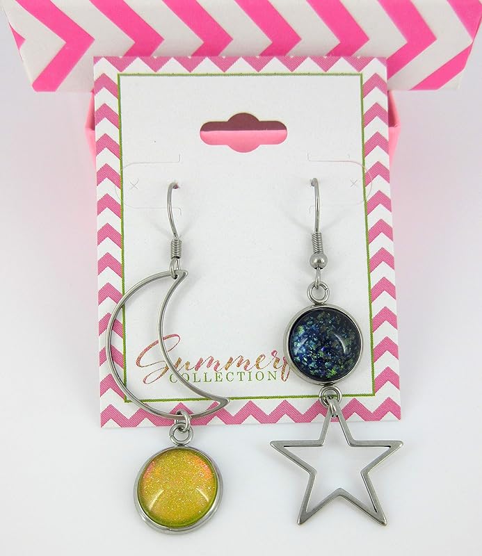 Summerfield Collection Stainless Steel Mismatch Glitter Glass Moon and Star Charm Dangle Earrings