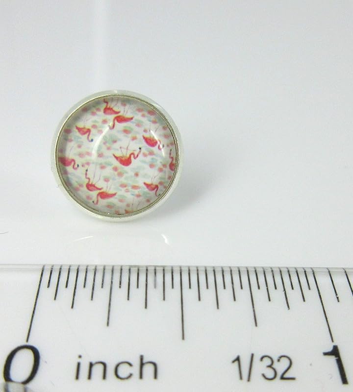 Summerfield Collection Silver-tone White Pink and Blue Flamingo Print Glass Stud Earrings 12mm
