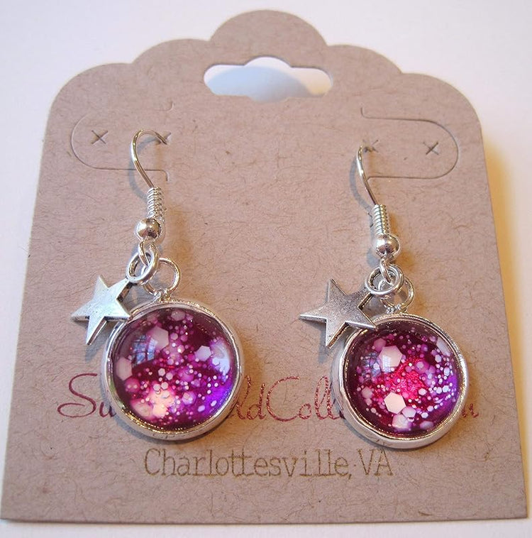 Summerfield Collection Silver-tone Magenta Pink and White Glitter Glass Star Galaxy Dangle Earrings