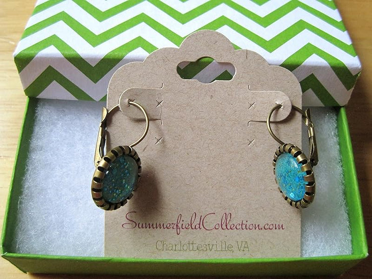 Summerfield Collection Antiqued Gold-tone Seafoam Green and Blue Glitter Glass Drop Earrings Leverback Hand-painted