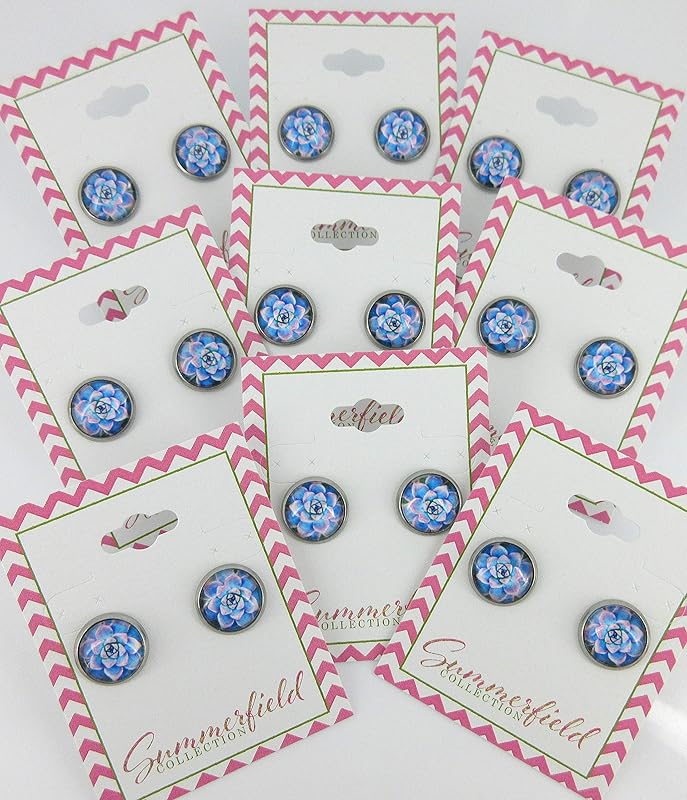 Summerfield Collection Stainless Steel Succulent Plant Print Glass Stud Earrings 12mm (Blue/Pink)