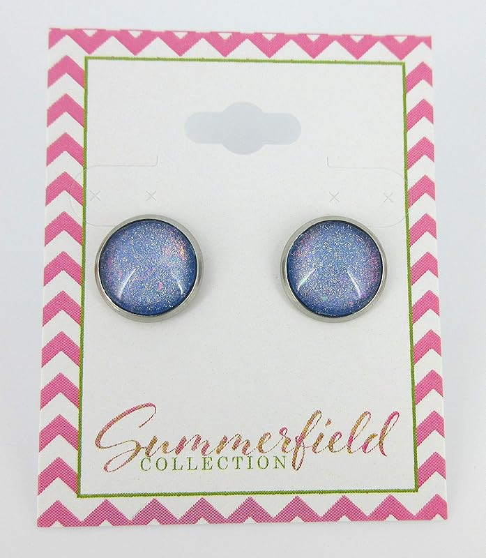 Summerfield Collection Stainless Steel Sky Blue and Rainbow Glitter Flake Glass Stud Earrings Hand-painted (12mm)