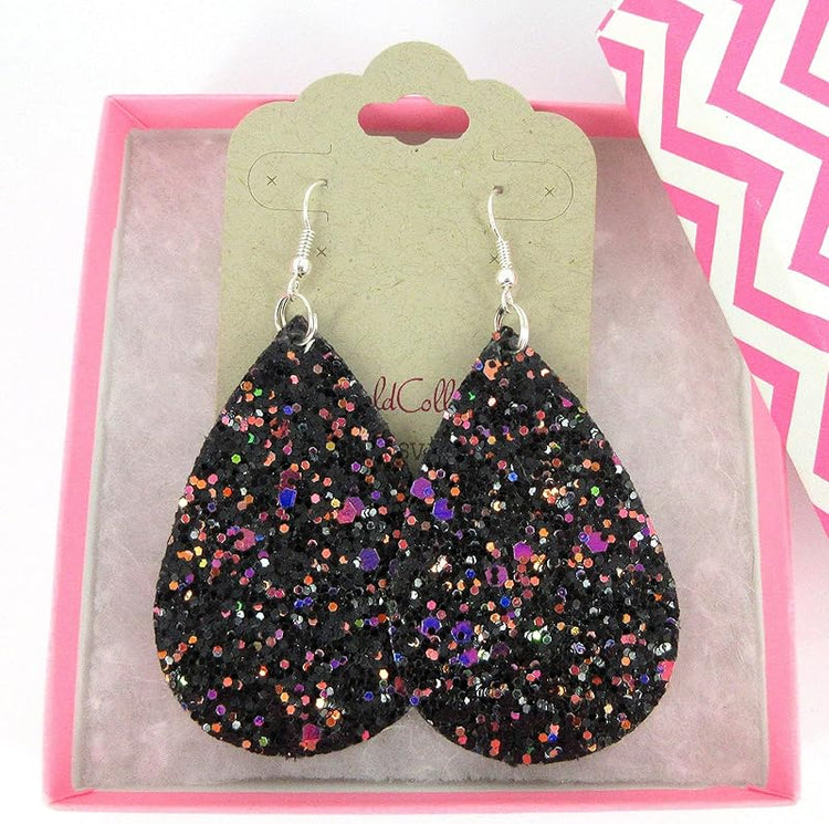 Summerfield Collection Silver-tone Glitter Faux Leather Large Teardrop Dangle Earrings (Black and Rainbow)