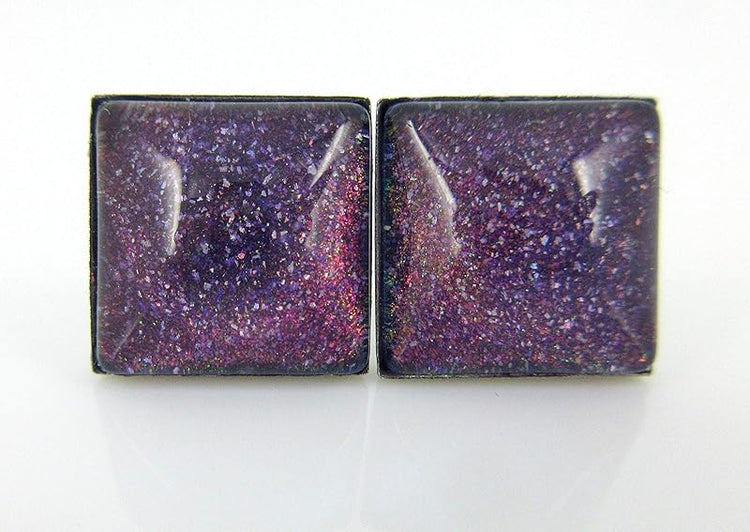 Summerfield Collection Stainless Steel Purple and Rainbow Glitter Glass Stud Earrings Hand-painted Square 10mm