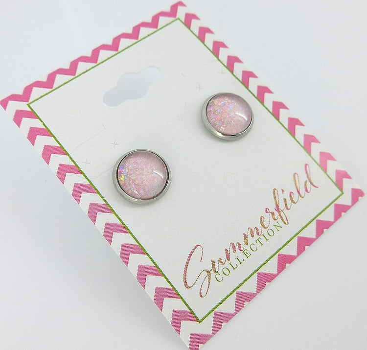 Summerfield Collection Stainless Steel Pale Pink and Iridescent Glitter Glass Stud Earrings Hand-painted 10mm