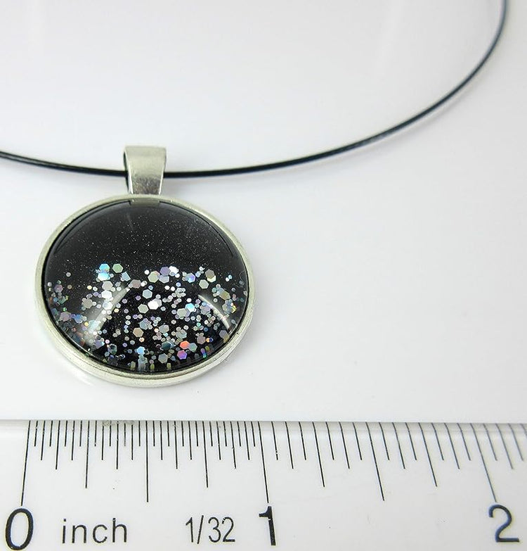 Summerfield Collection Silver-Tone Black and Holographic Glitter Glass Geometric Pendant Necklace Magnetic 18 inch