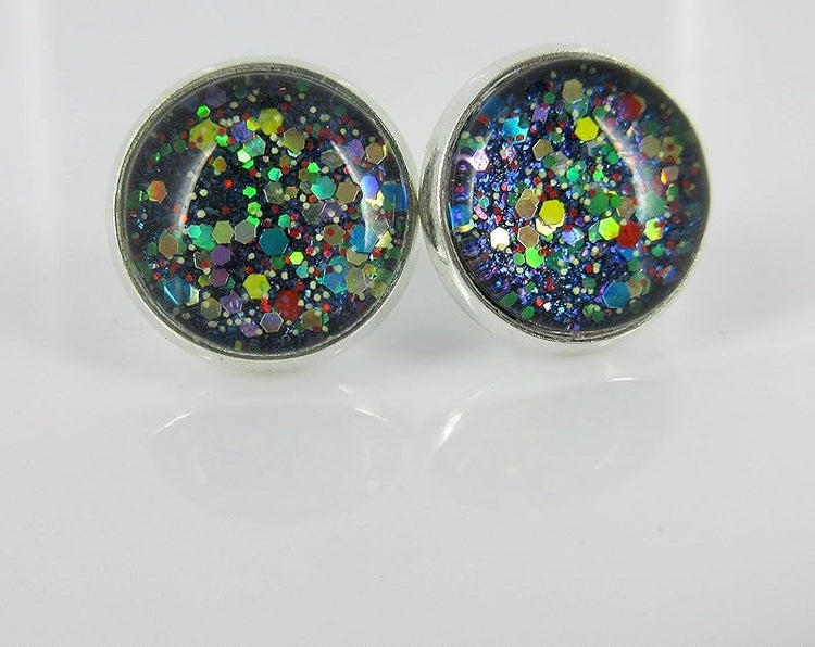Summerfield Collection Trio Silver-tone Stud Earrings Blue Yellow and Black Confetti Glitter Glass Set 12mm Hand-painted