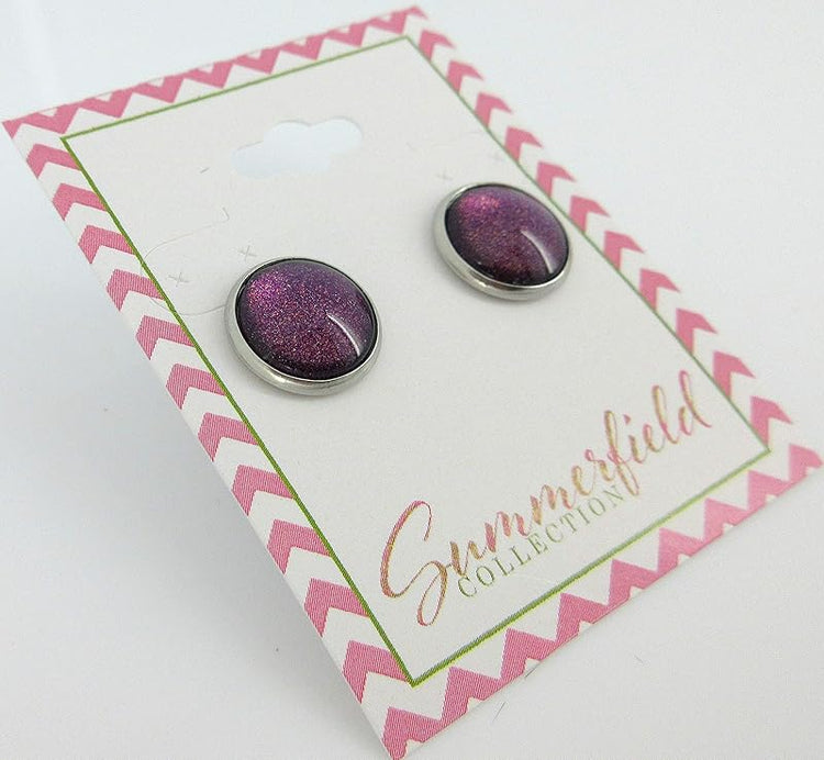 Summerfield Collection Stainless Steel Purple and Red Glitter Glass Stud Earrings Hand-painted 12mm