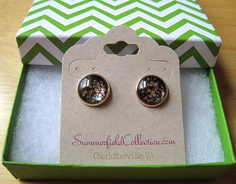 Summerfield Collection Rose Gold-tone Confetti Glitter Black Glass Stud Earrings Hand-painted 12mm
