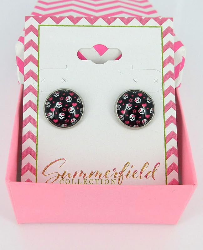 Summerfield Collection Stainless Steel Neon Pink Black White Skull Print Glass Stud Earrings 12mm