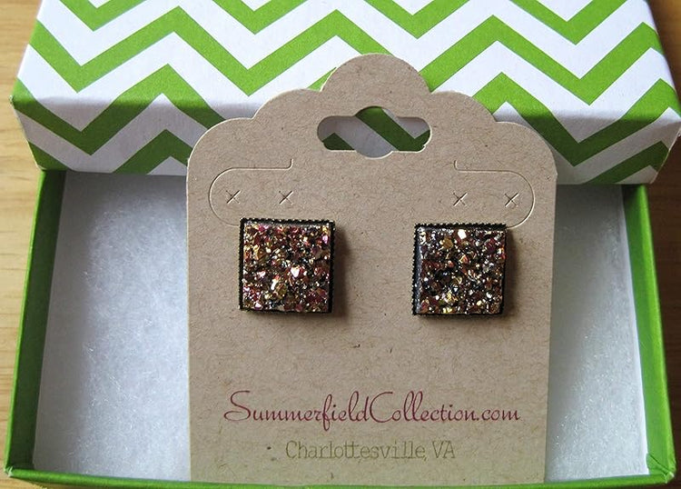 Summerfield Collection Metallic Gold and Pink Geometric Square Shaped Chunky Faux Druzy Stud Earrings 12mm Statement
