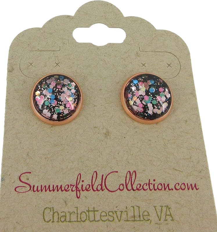 Summerfield Collection Rose Gold-tone Confetti Glitter Black Glass Stud Earrings Hand-painted 12mm