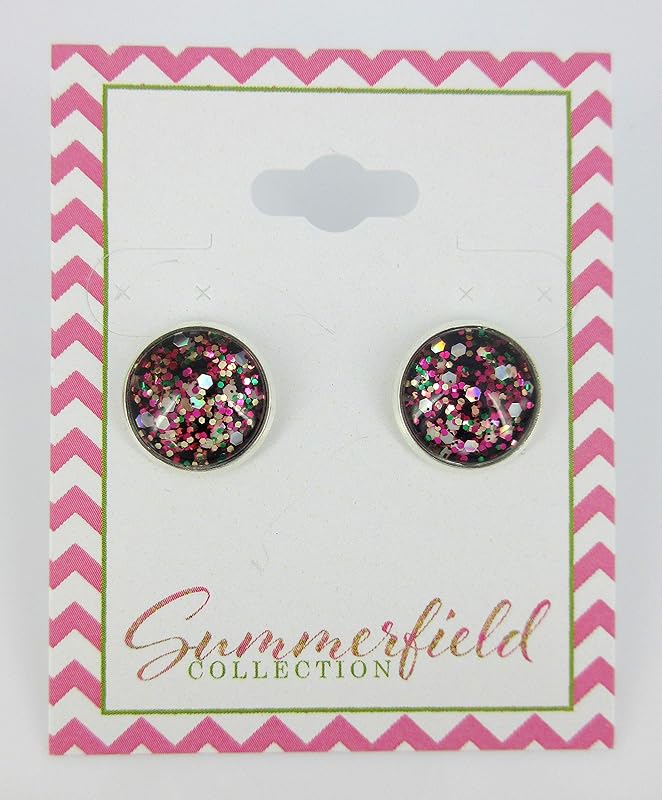 Summerfield Collection Silver-tone Preppy Mix Glitter Glass Stud Earrings Hand-painted 12mm