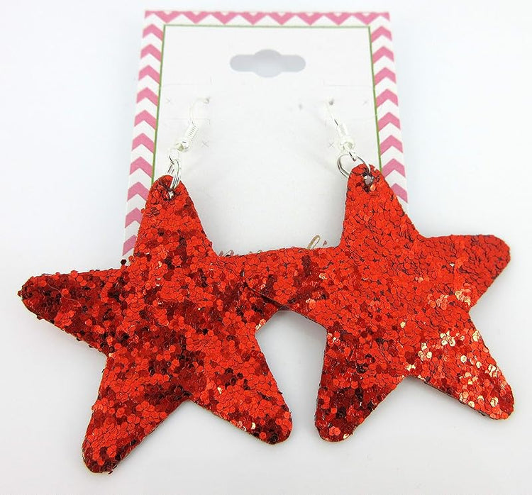 Summerfield Collection Glitter Faux Leather Large Star Dangle Earrings (Red)