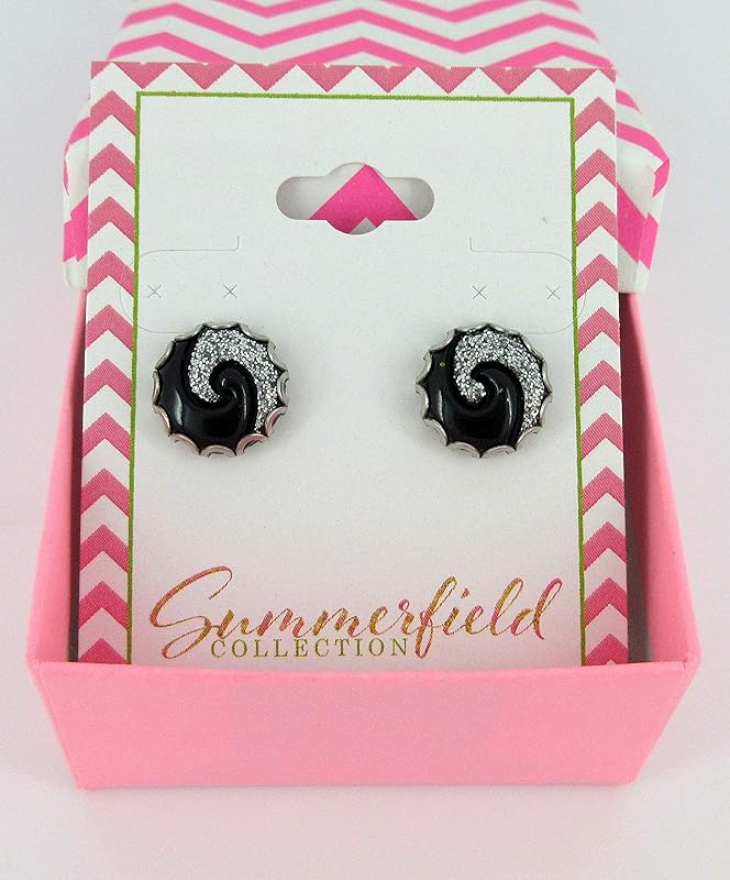 Summerfield Collection Stainless Steel Black and Silver Glitter Swirl Resin Stud Earrings 12mm