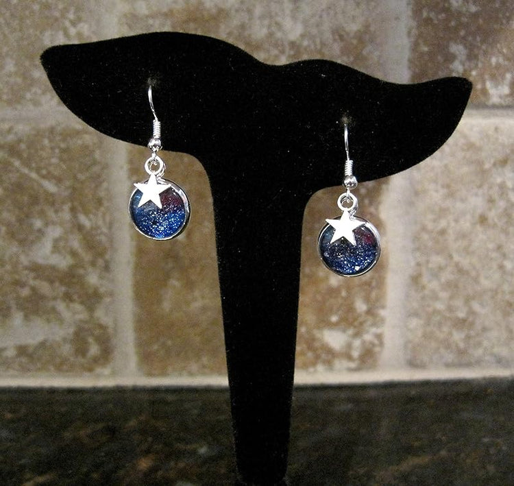 Summerfield Collection Silver-tone Glitter Glass Star Charm Galaxy Dangle Earrings Blue Purple Teal Hand-painted