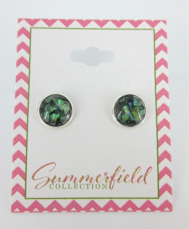 Summerfield Collection Shiny Silver-tone Opalescent Leaf Resin Stud Earrings 10mm (Black)