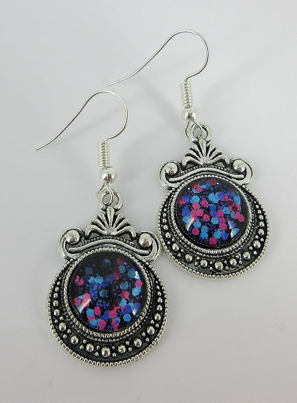 Summerfield Collection Antiqued Silver-tone Blue Purple Pink Chunky Glitter Glass Dangle Earrings Hand-painted