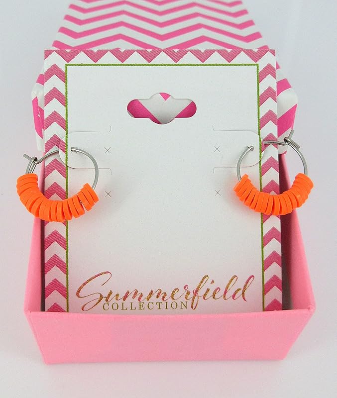 Summerfield Collection 15mm Stainless Steel Polymer Clay Katsuki Bead Hoop Earrings (Neon Orange)