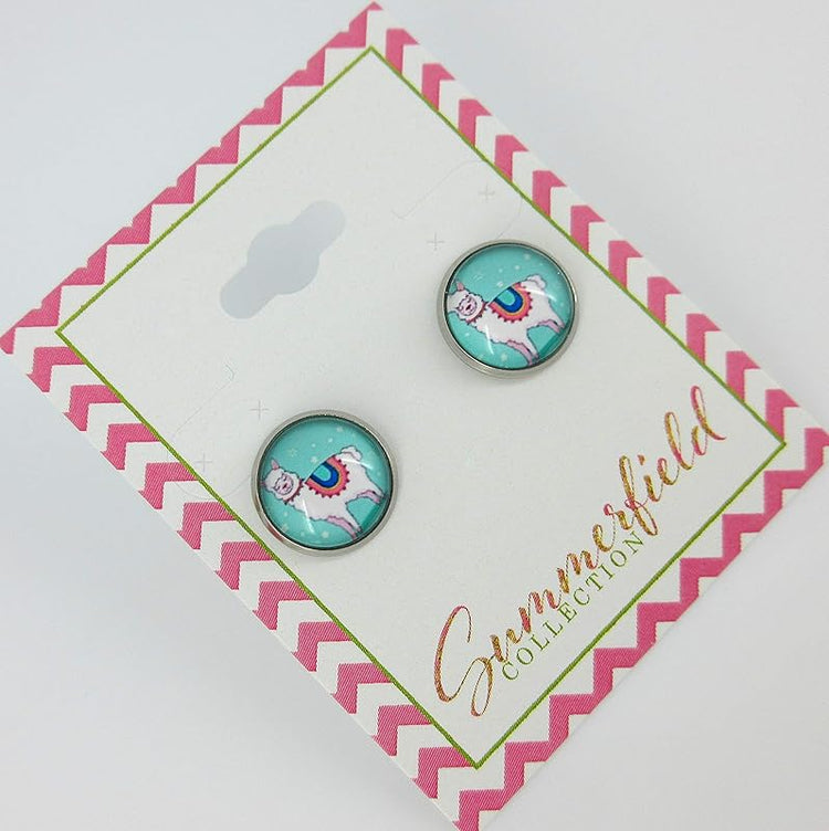 Summerfield Collection Stainless Steel Llama Print Glass Stud Earrings 12mm (Teal)