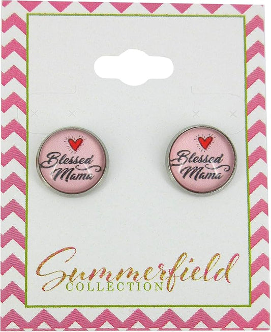 Summerfield Collection Stainless Steel Blessed Mama Print Glass Stud Earrings 12mm